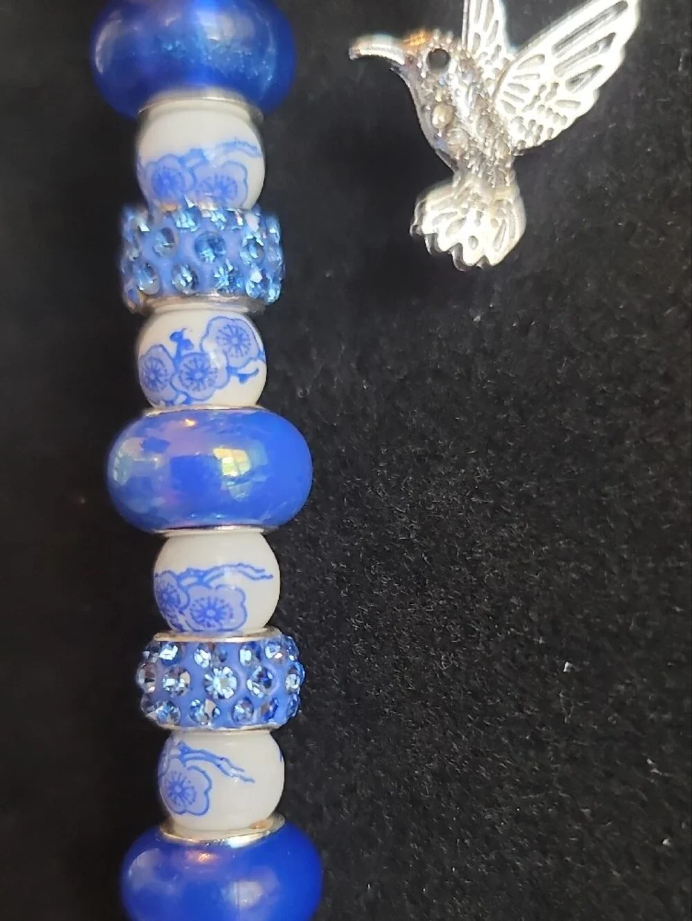 Blue Beaded Keychain with Hummingbird Charm